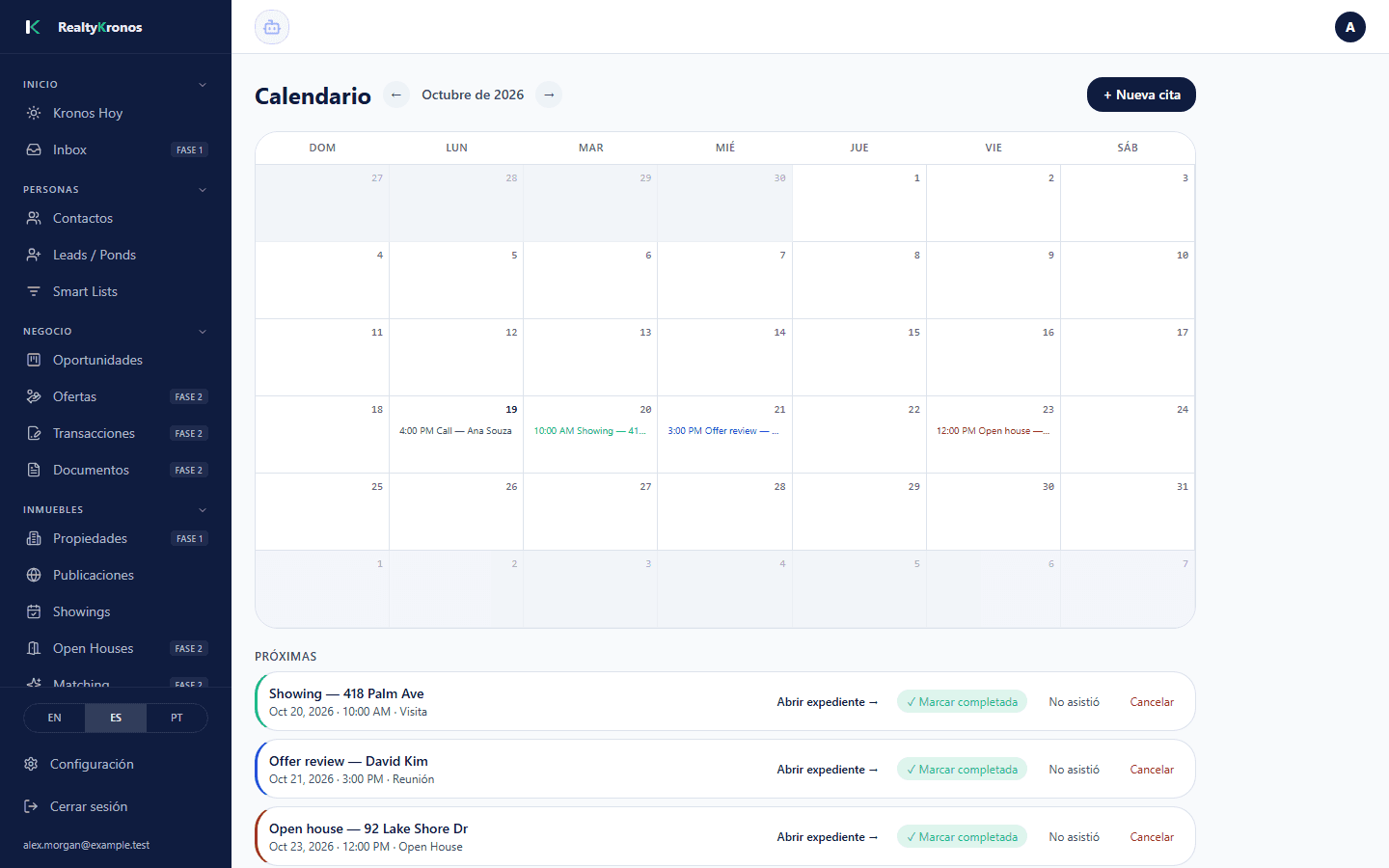 Calendario con citas