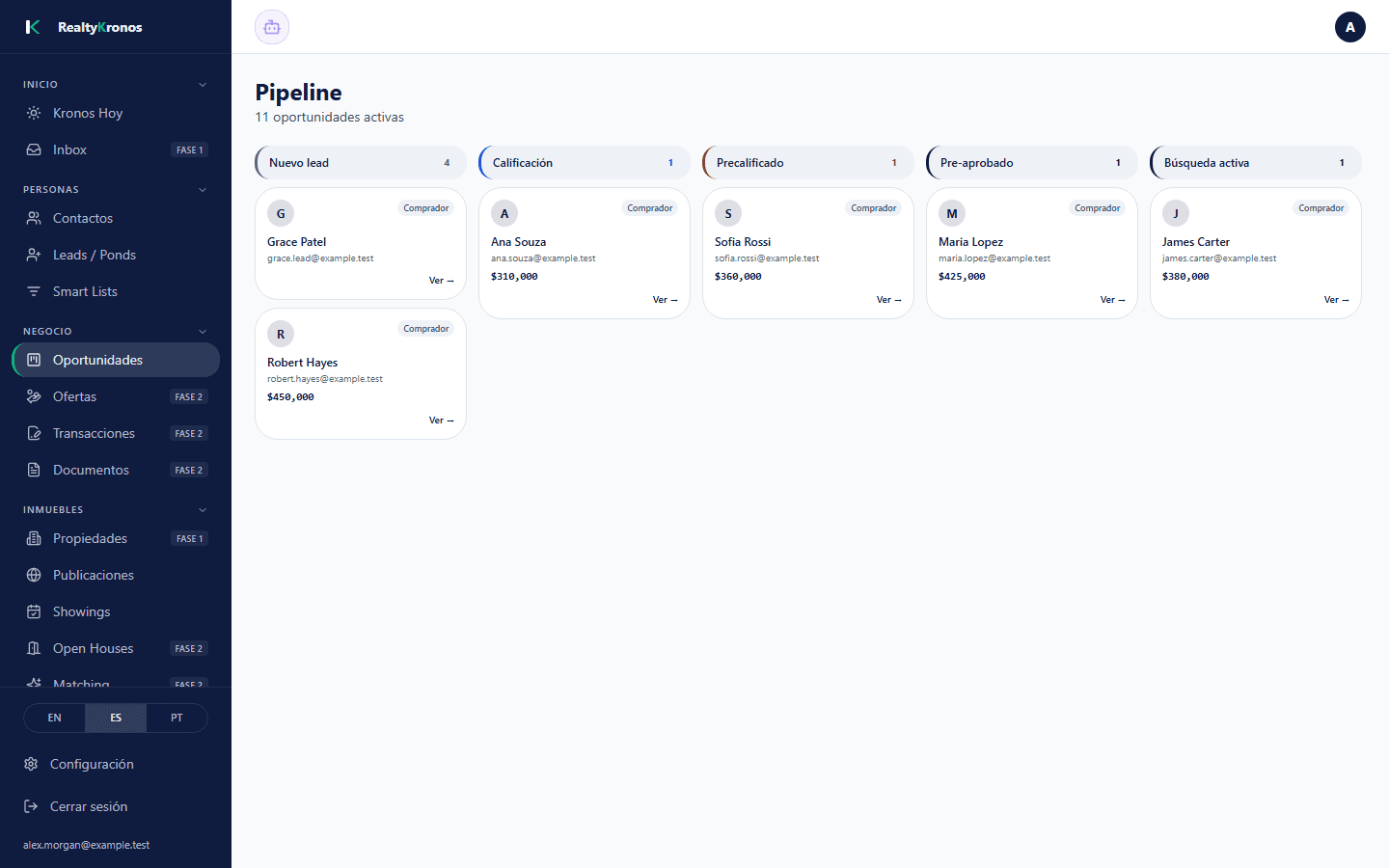 Pipeline de RealtyKronos: oportunidades como tarjetas en columnas por etapa